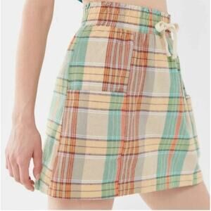 Urban Outfitters Tartan Plaid Mini Skirt Drawstring Waist Pockets Green Orange M